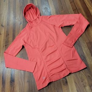 Athleta Tracker Hoodie Seamless Fire Red Thumbholes Moisture Wicking Size Medium